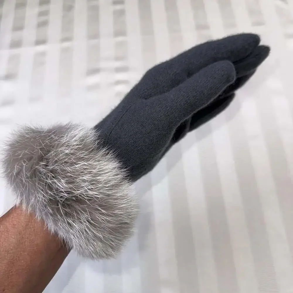 Dillards One Cashmere Wool Blend Knit Gloves Rabbit Fur Trim OS Gray NWOT